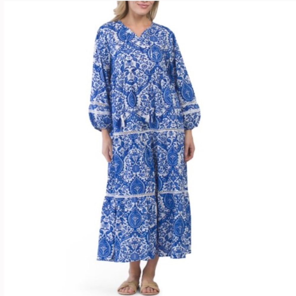 DEBBIE KATZ Elegant Blue and White Patterned Bibi Dress/Beach Coveup